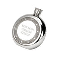 Example engraving (wedding party): "Best Man / Callum / 22.05.27" on the Celtic Frame Round Hip Flask 6oz