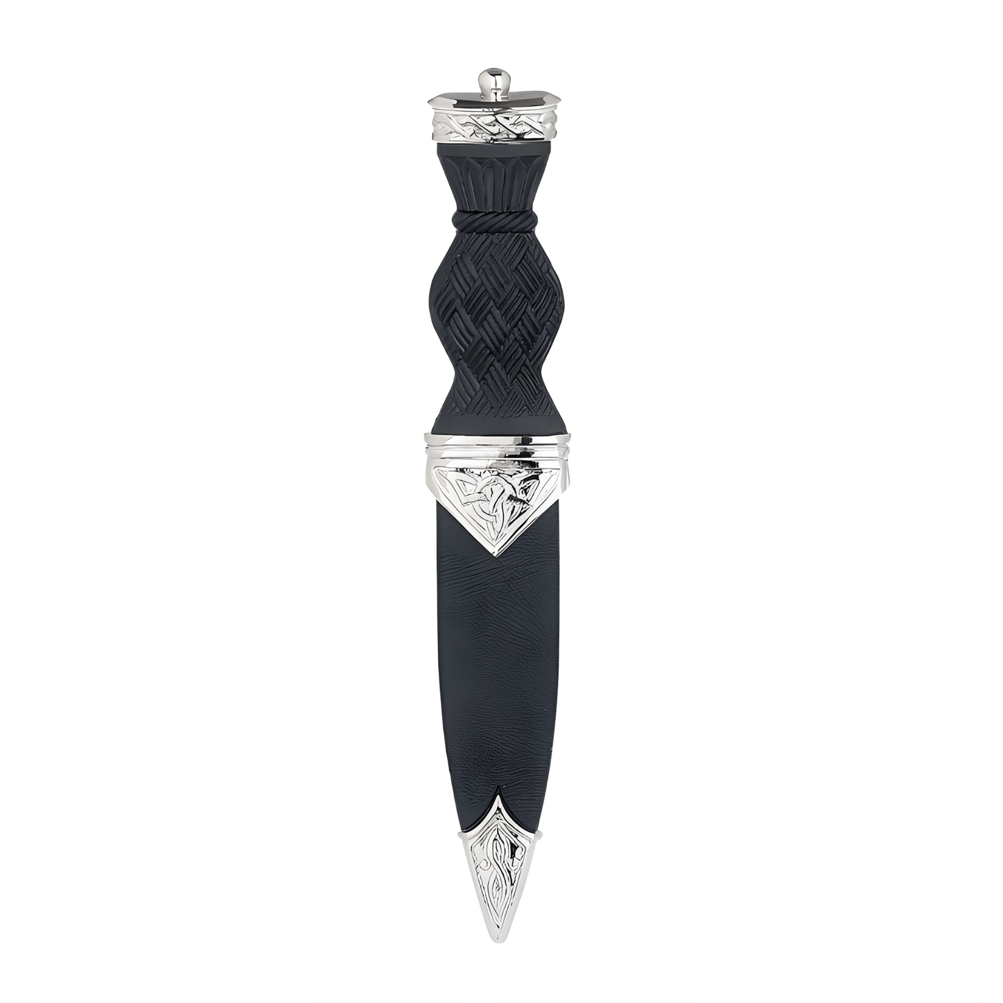 Celtic sgian dubh with black handle and silver accents on sheath.