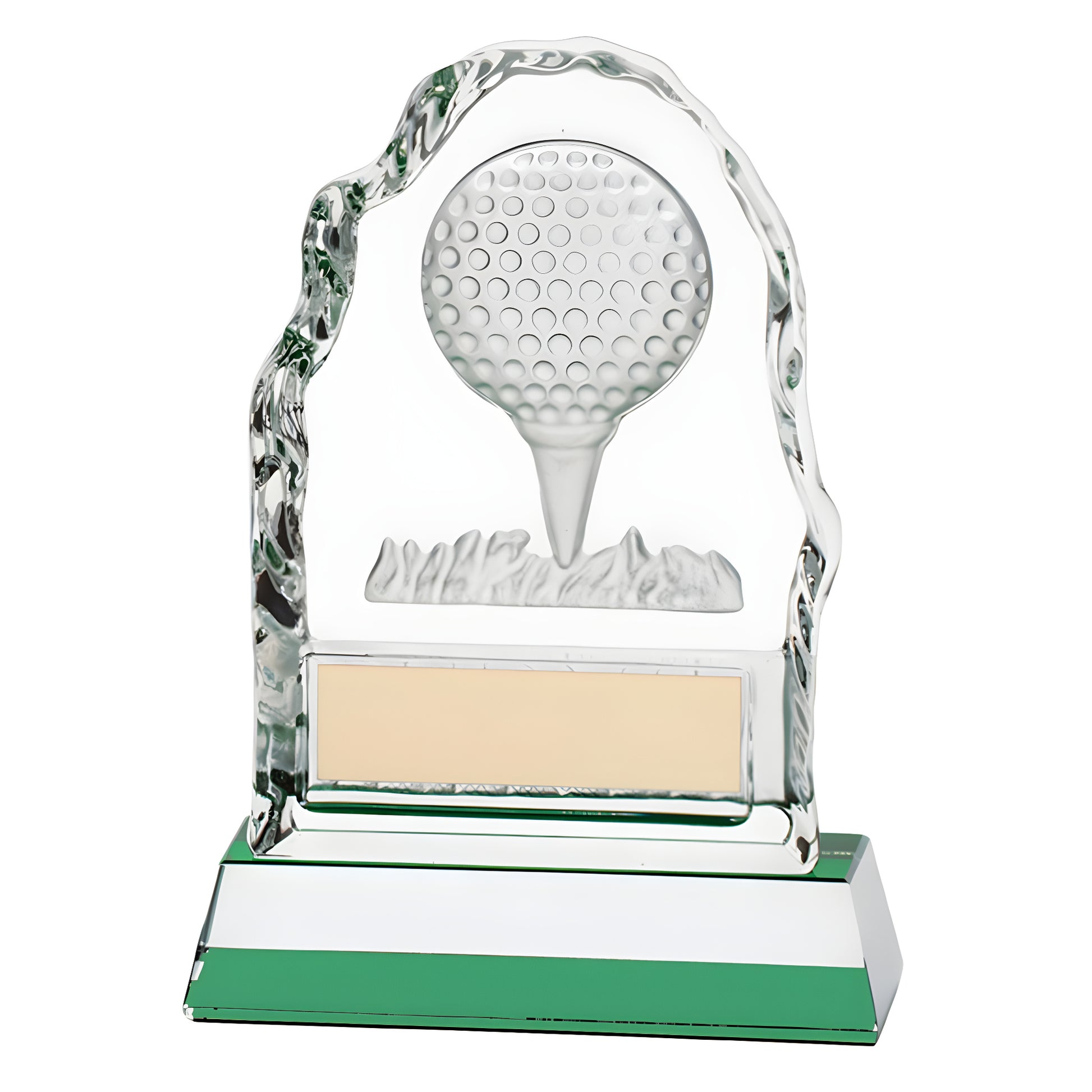 Glass golf trophy with golf ball design and green base.
