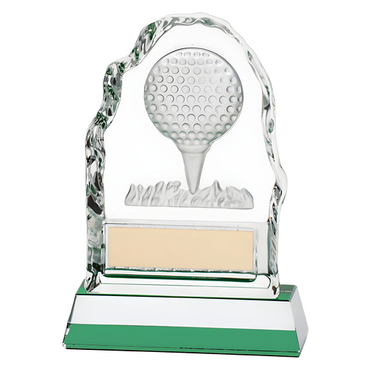 Glass golf trophy with golf ball design and green base.