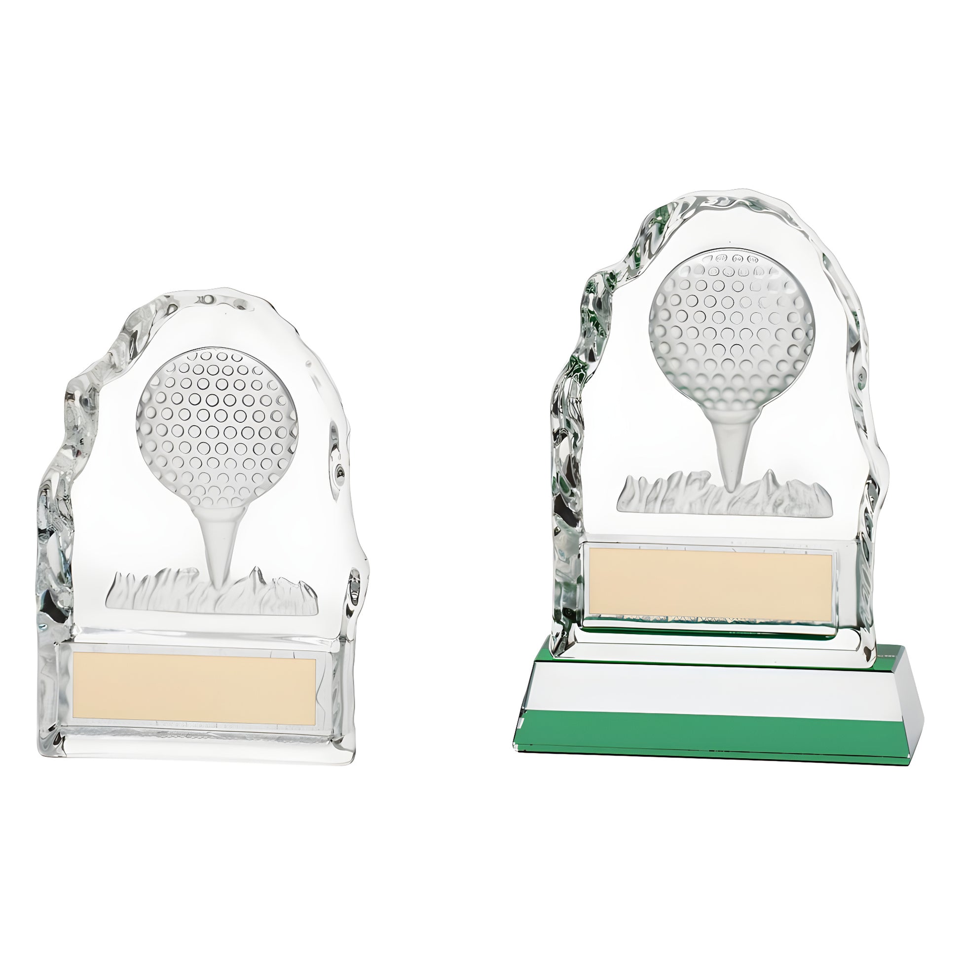 Engraved glass golf trophies with golf ball design and green base.