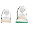 Engraved glass golf trophies with golf ball design and green base.