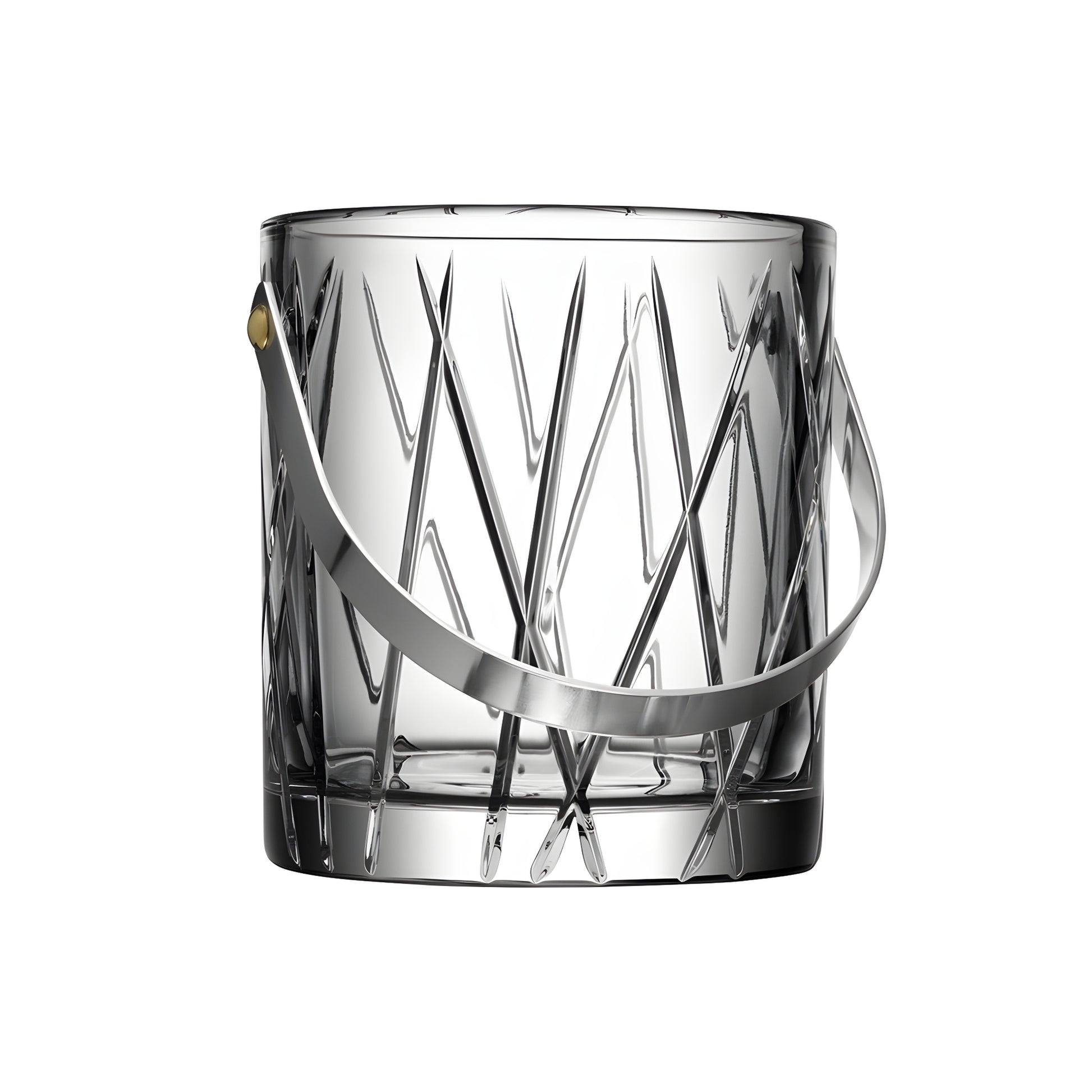 Crystal ice bucket with metal handle and geometric design