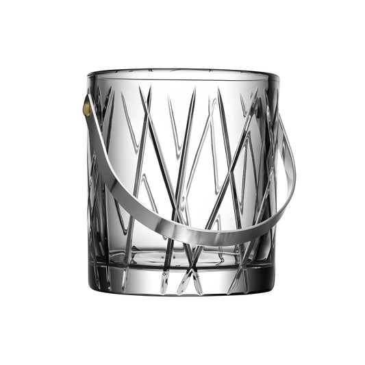 Crystal ice bucket with metal handle and geometric design