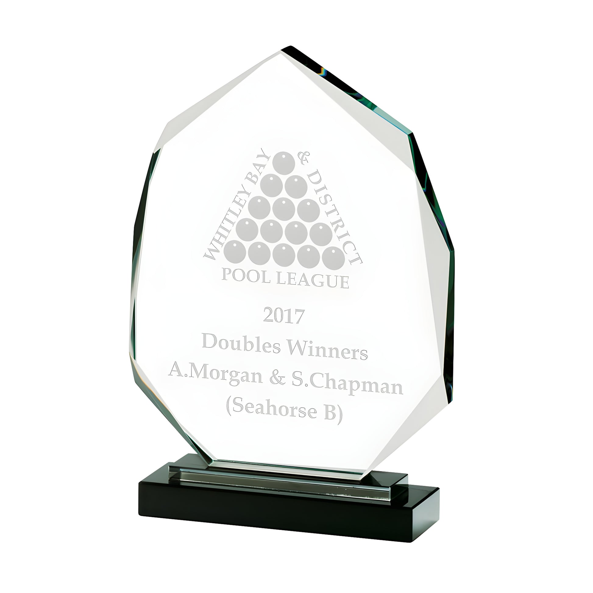 Optical crystal award for 2017 pool league doubles winners A. Morgan and S. Chapman.