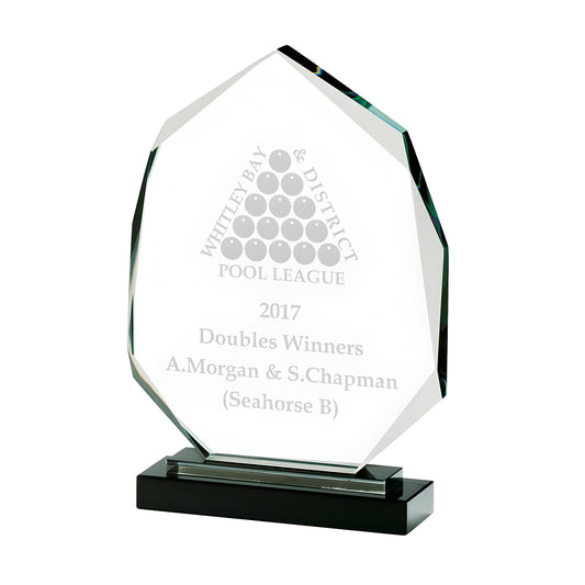 Optical crystal award for 2017 pool league doubles winners A. Morgan and S. Chapman.