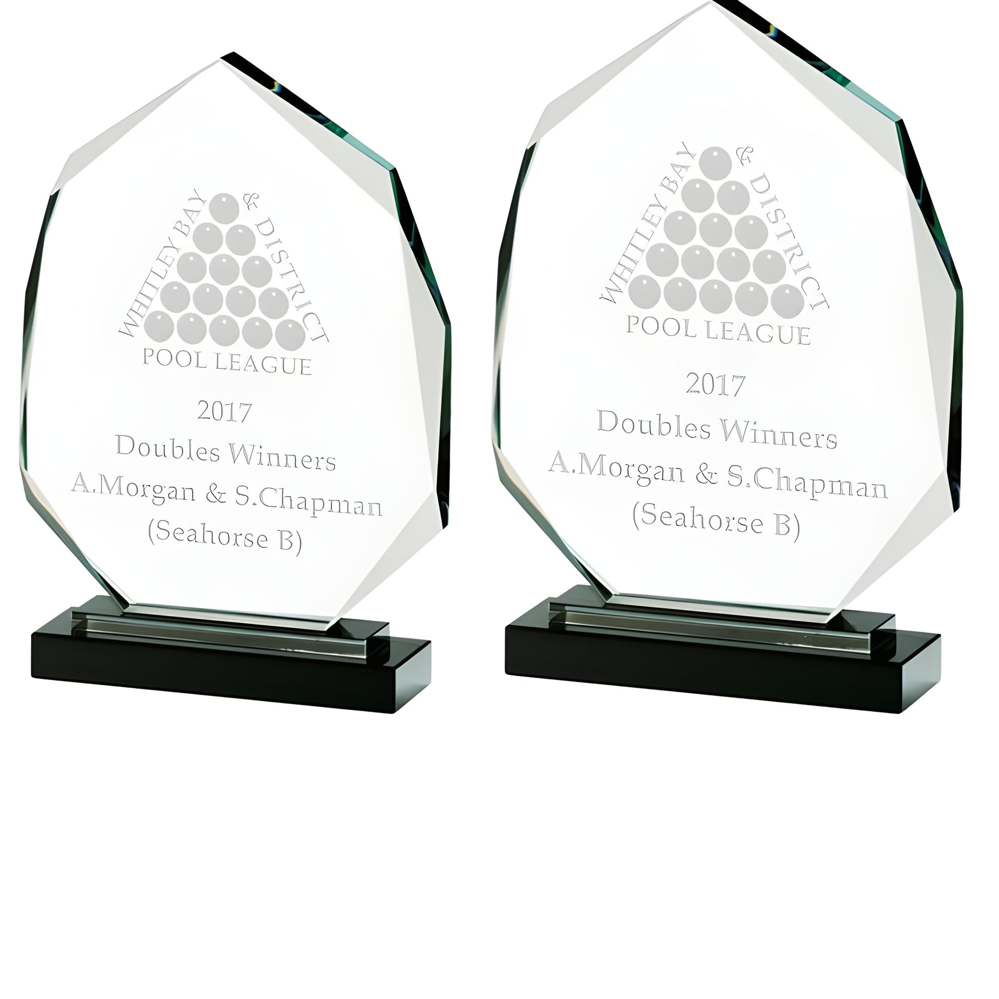 Optical crystal awards for Whitley Bay Pool League 2017 doubles winners.