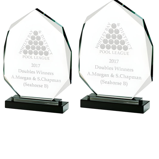 Optical crystal awards for Whitley Bay Pool League 2017 doubles winners.