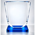Elegant clear glass award plaque with blue base, 13.5 cm tall.