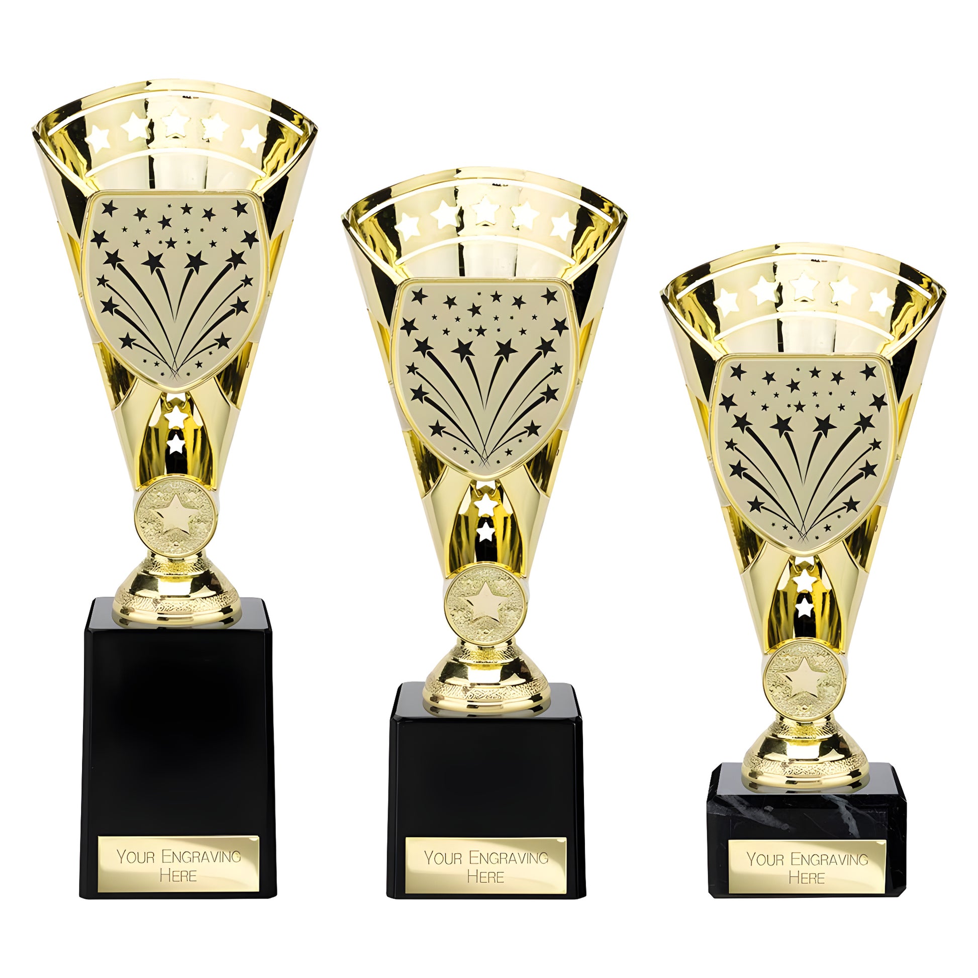 Set of three gold engraving trophies with star design on black bases.
