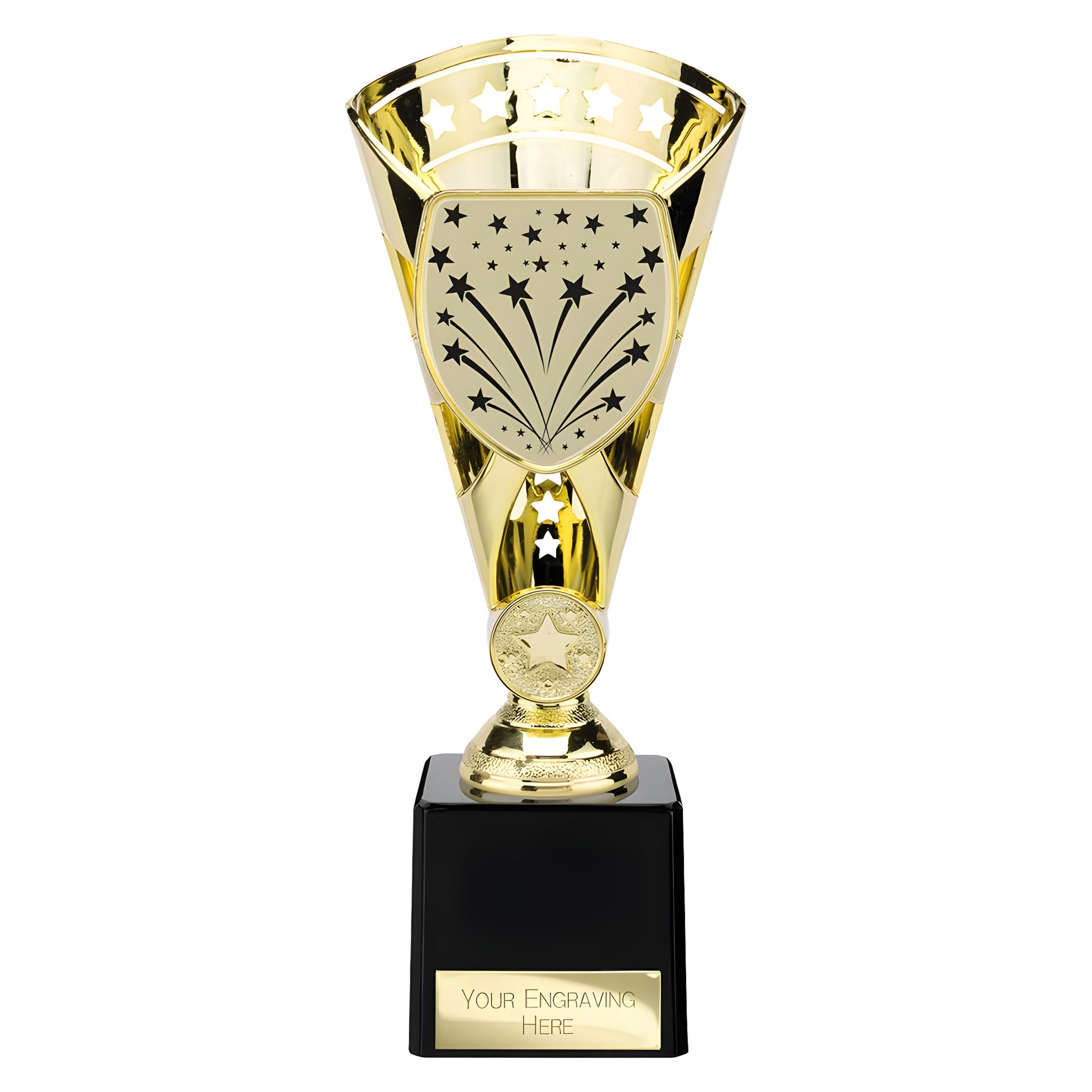 Gold trophy with star design and black base for sports awards.
