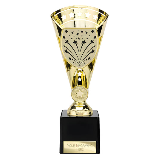 Gold trophy with star design and black base for sports awards.