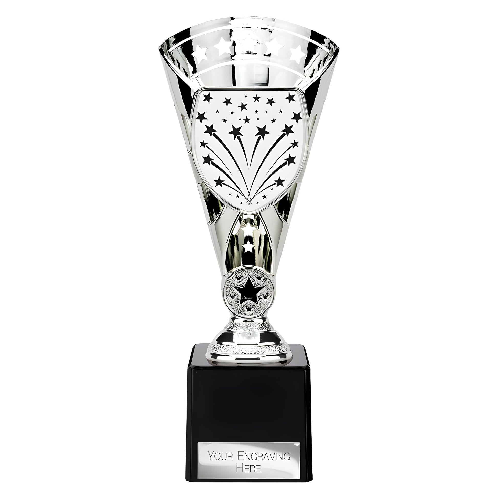 Silver multisport trophy with star design and engraving option.
