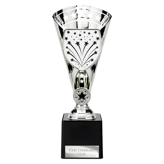 Silver multisport trophy with star design and engraving option.