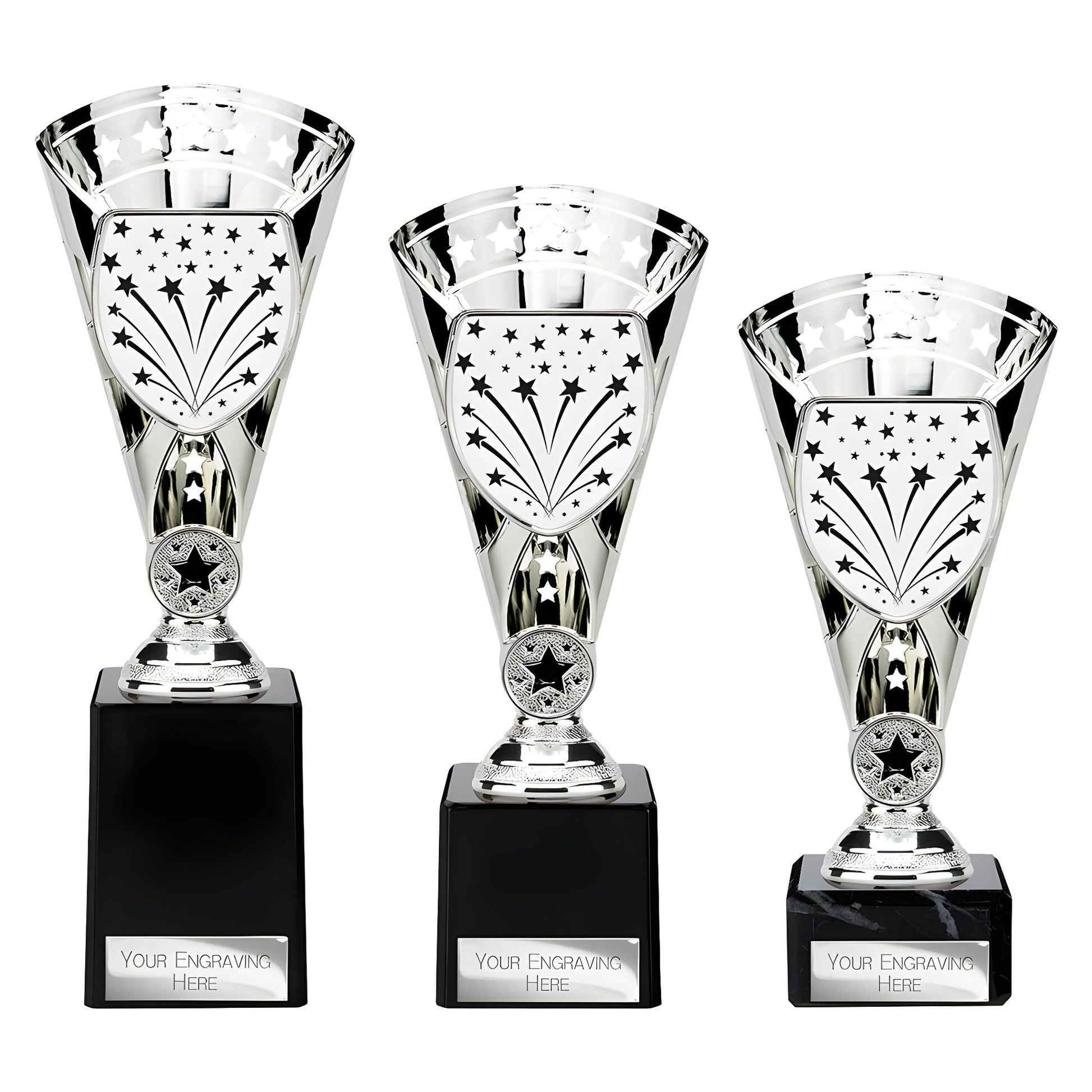 Three silver multisport trophies with star design and engraving plate