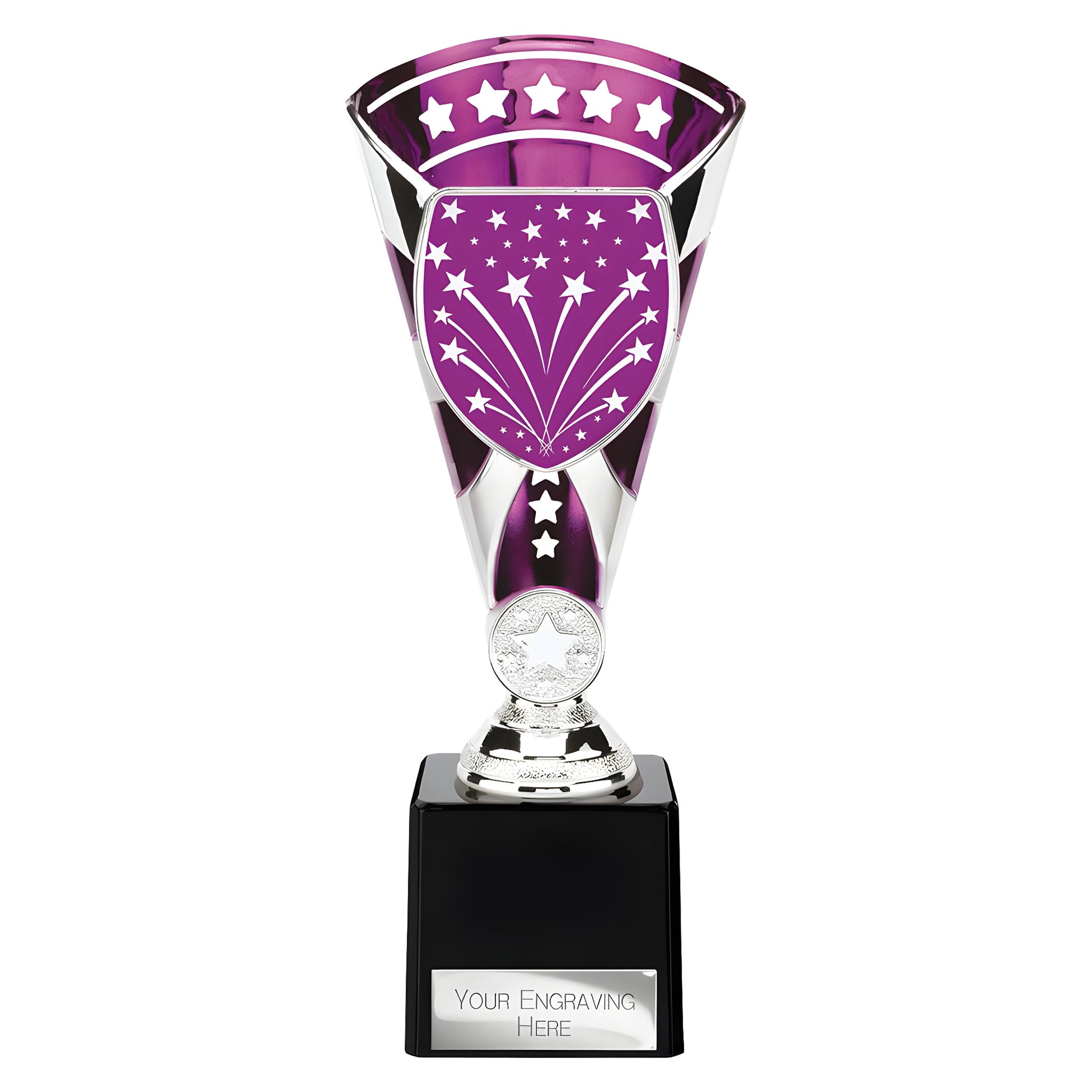 Silver and purple award trophy with star design and custom engraving plate.