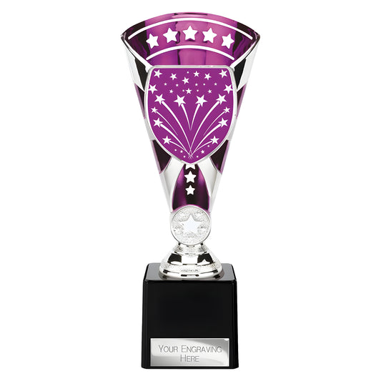 Silver and purple award trophy with star design and custom engraving plate.