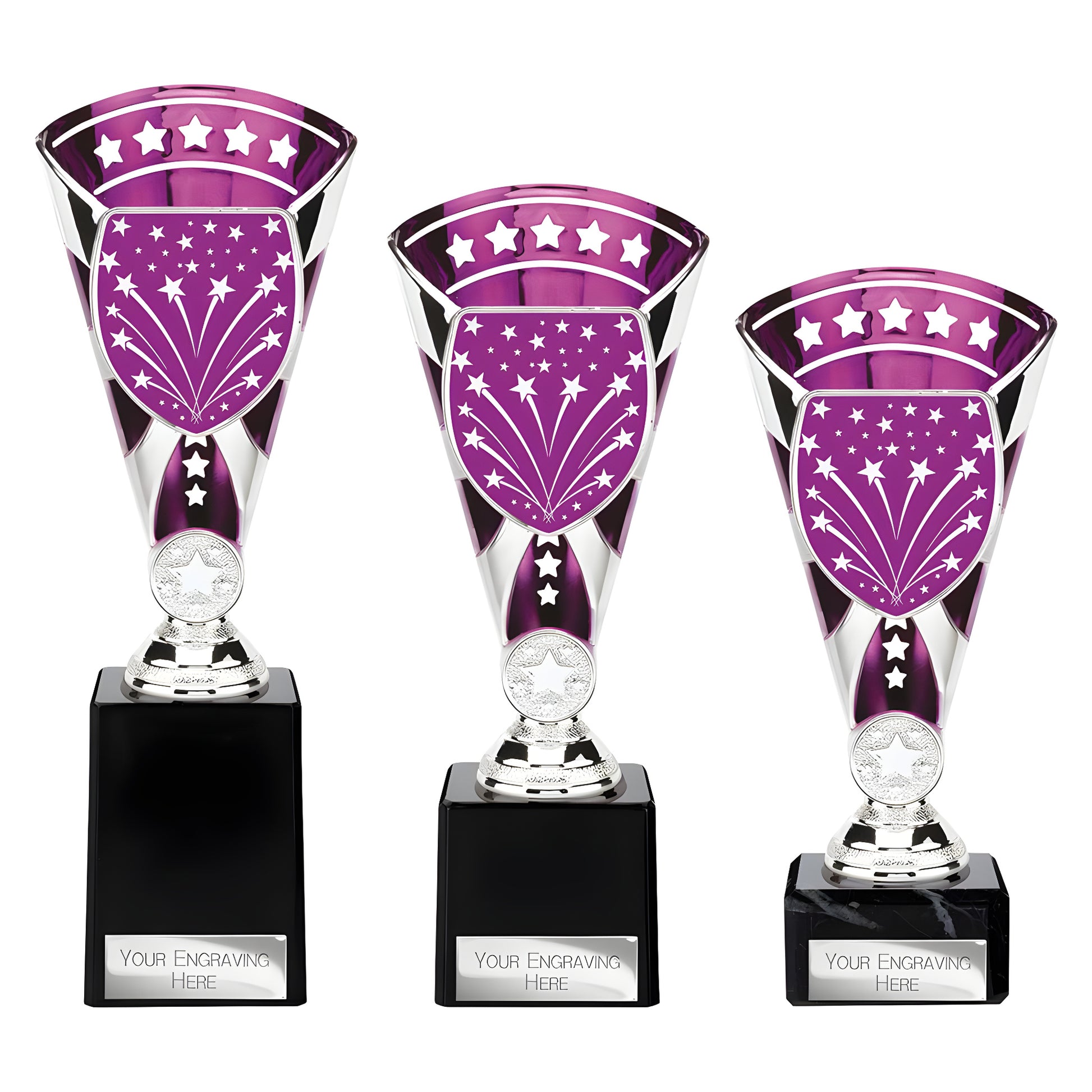 Silver and purple multisport trophy cups with custom engraving options.