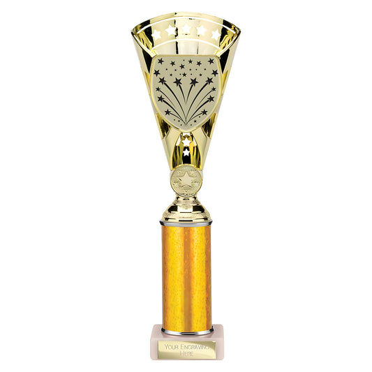 Gold multisport trophy with star pattern and engraving plate