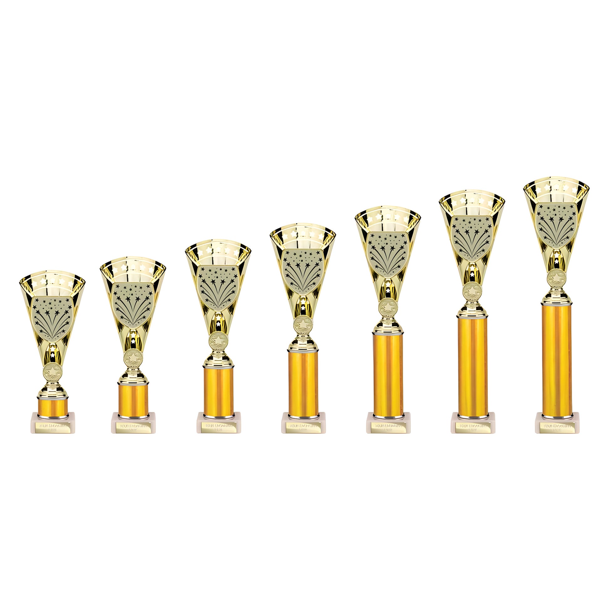 Set of gold multisport trophies in various heights with engraved cups