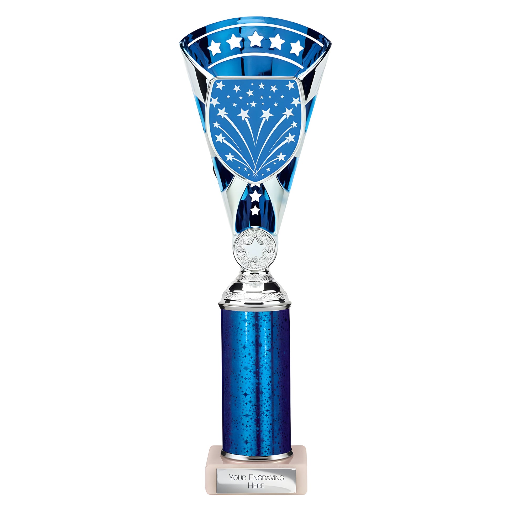 Blue and silver trophy with star design and engraving option