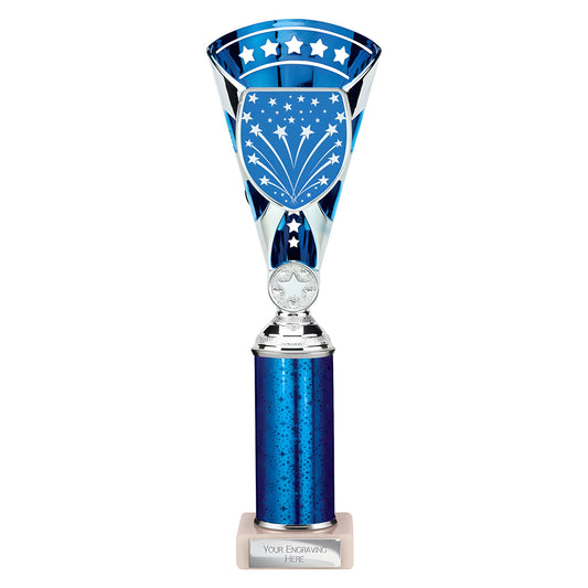 Blue and silver trophy with star design and engraving option