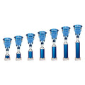 Set of six silver and blue multisport tube trophies with starry design.