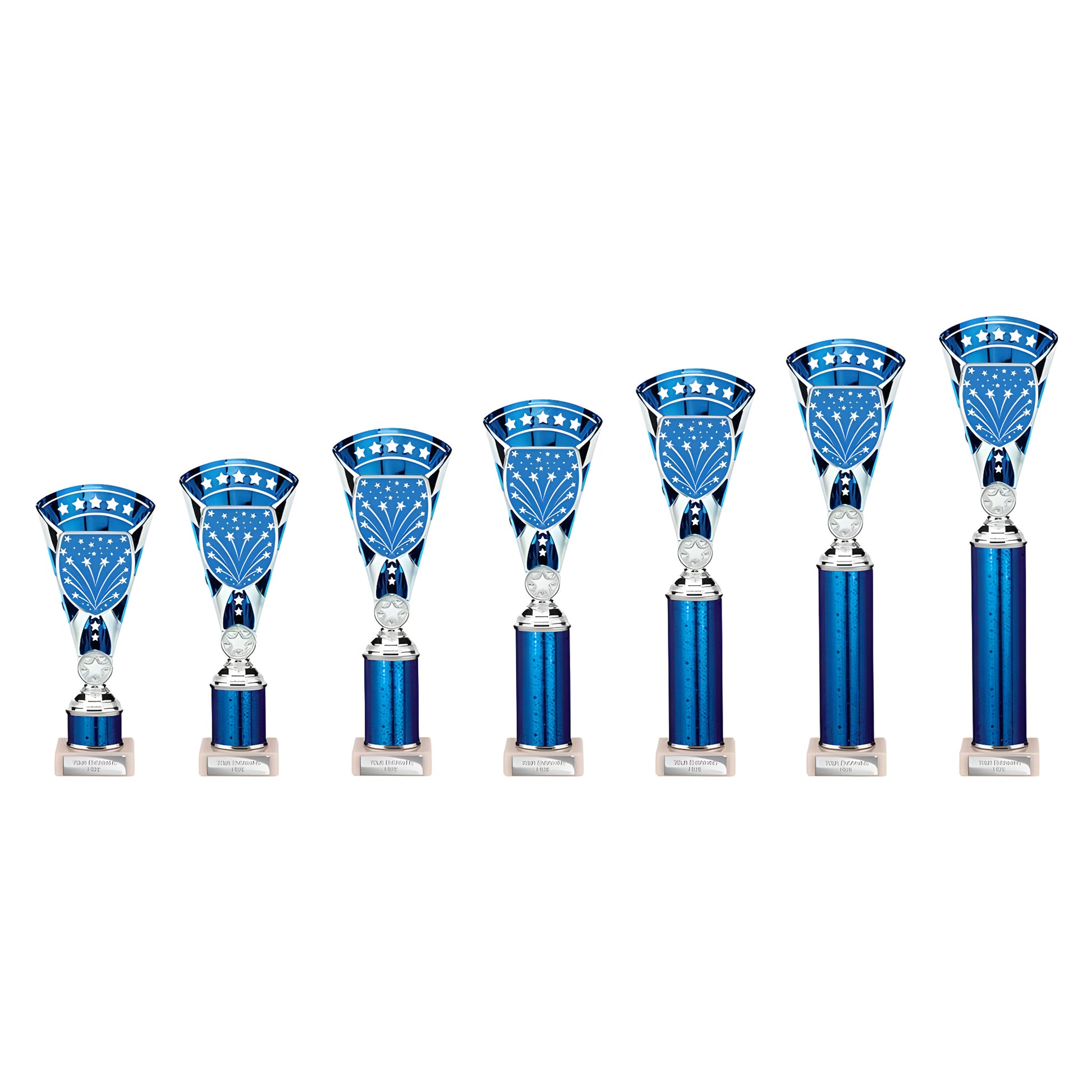 Set of six silver and blue multisport tube trophies with starry design.