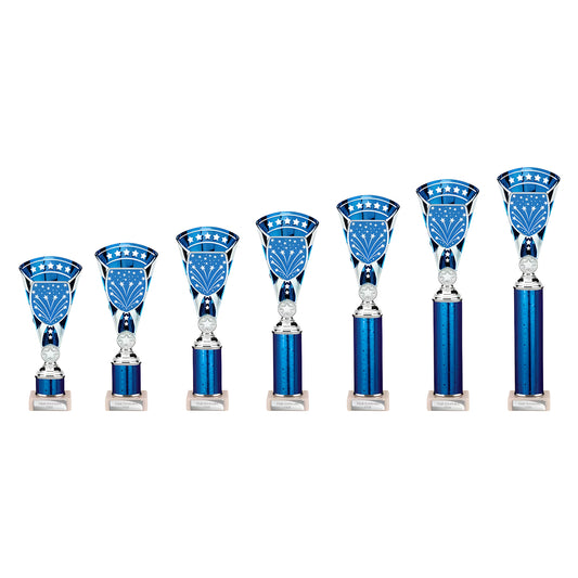 Set of six silver and blue multisport tube trophies with starry design.