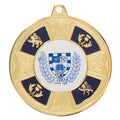 Gold medal with blue and white crest emblem design.