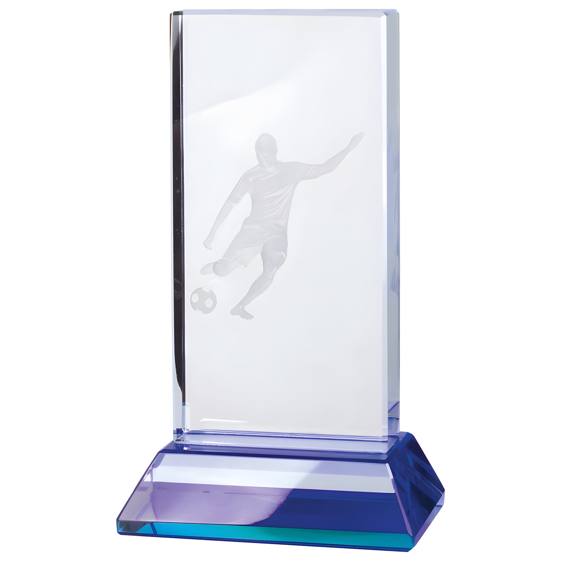 Crystal award with etched soccer player design on blue base.