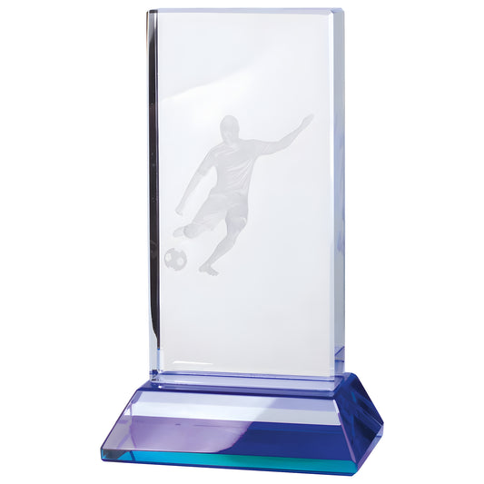 Crystal award with etched soccer player design on blue base.