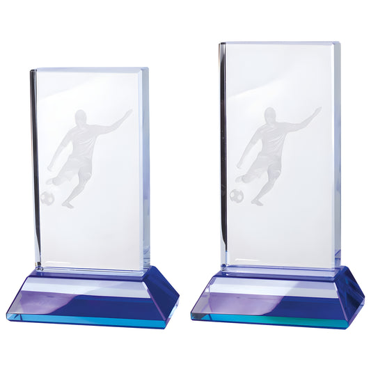Crystal soccer player award trophy on blue base
