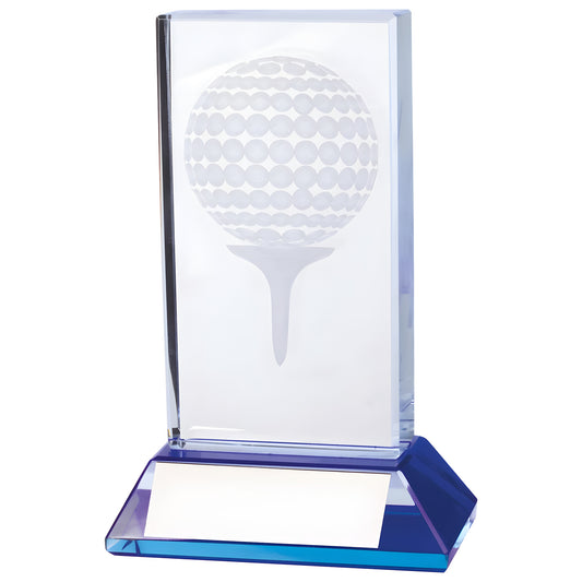 Davenport golf crystal award with etched golf ball design and blue base.