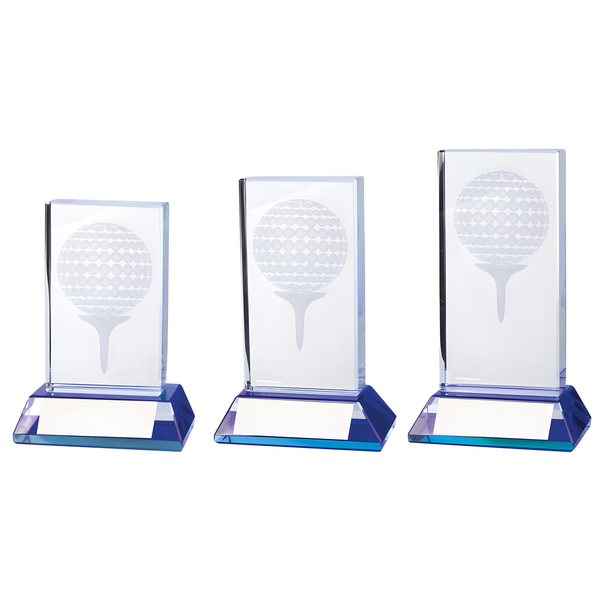 Set of three rectangular crystal golf awards with blue bases.