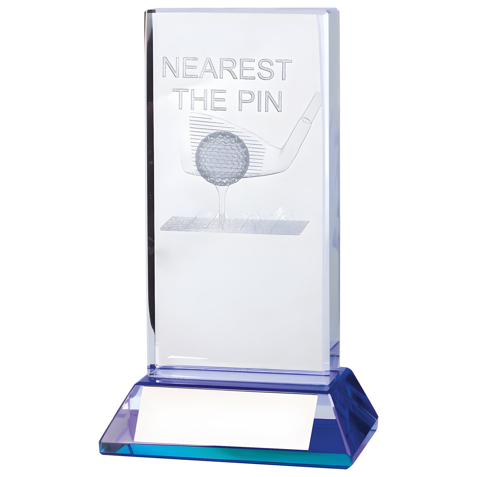 Crystal golf trophy with club and ball engraving for nearest the pin award.