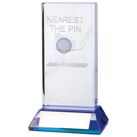 Crystal golf trophy with club and ball engraving for nearest the pin award.