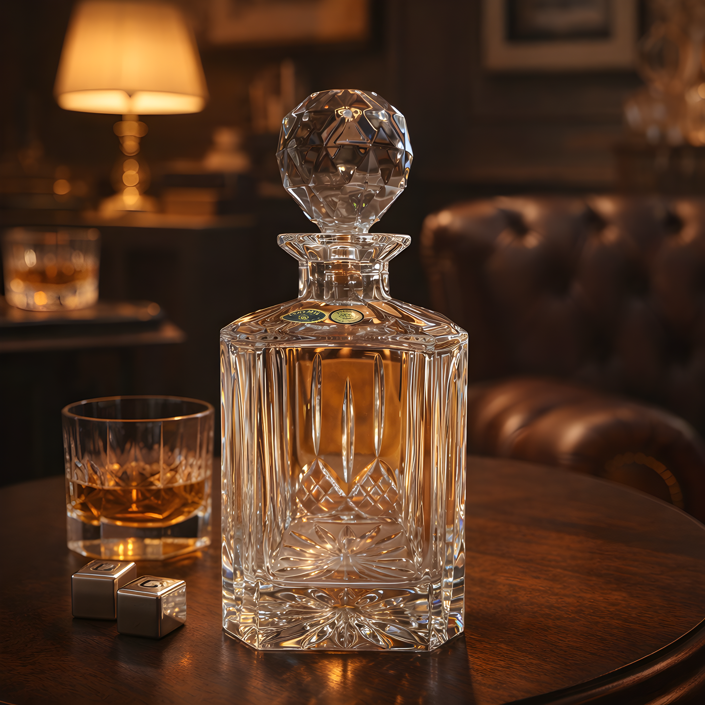Elegant 800ml crystal decanter on wood table in luxury wine room setting.