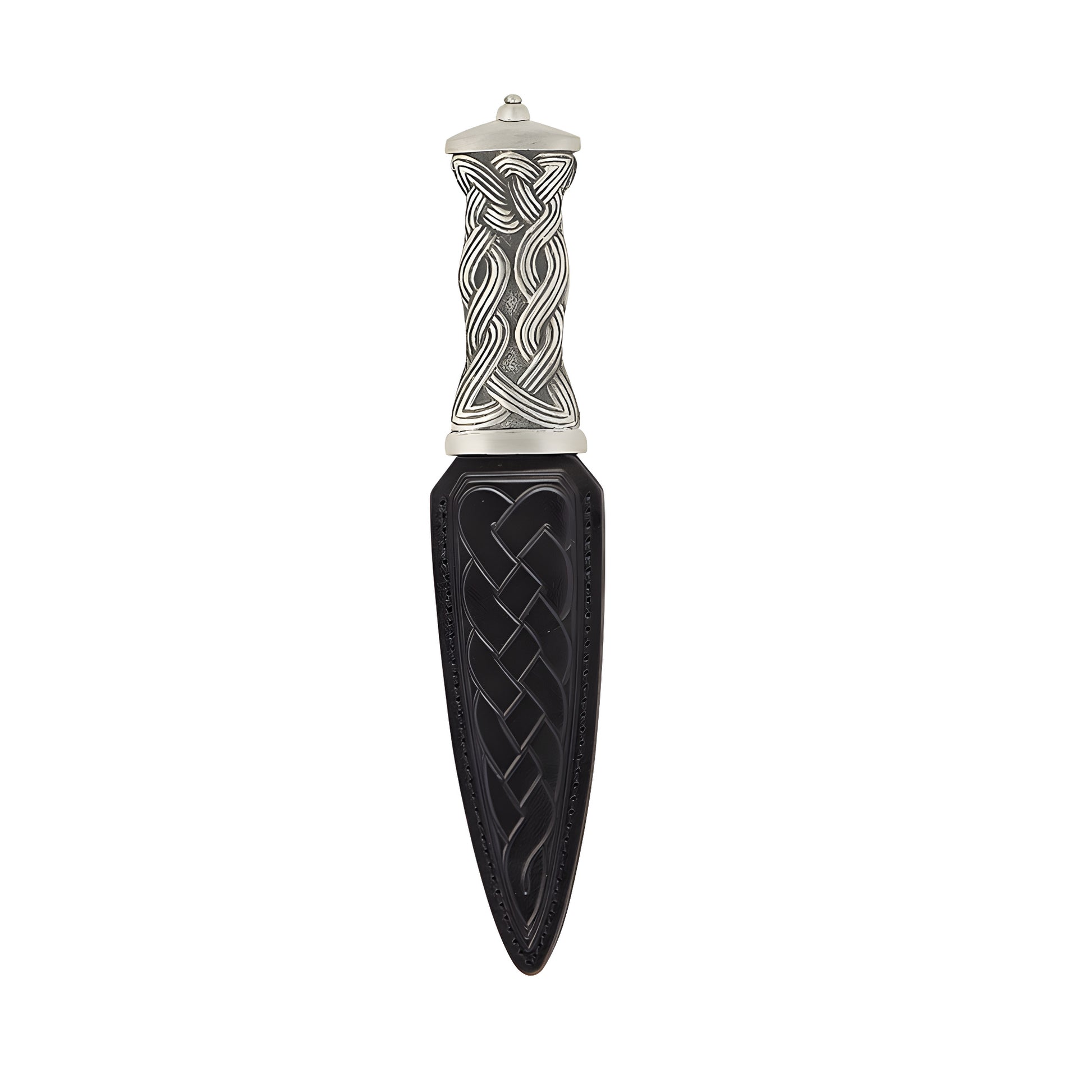 Celtic design sgian dubh with pewter handle and leather sheath