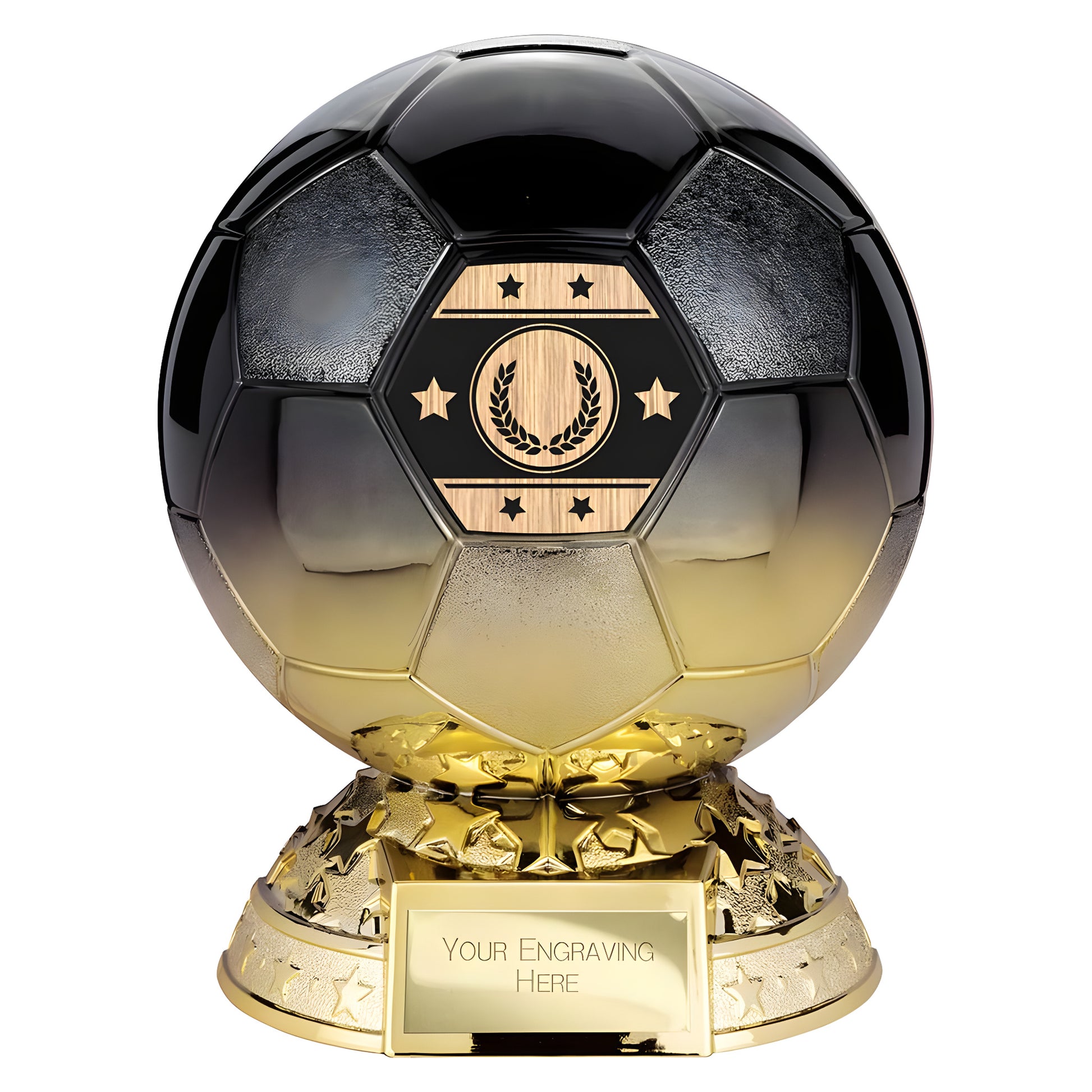 Premium soccer trophy with gold-to-black gradient and engraving plate.