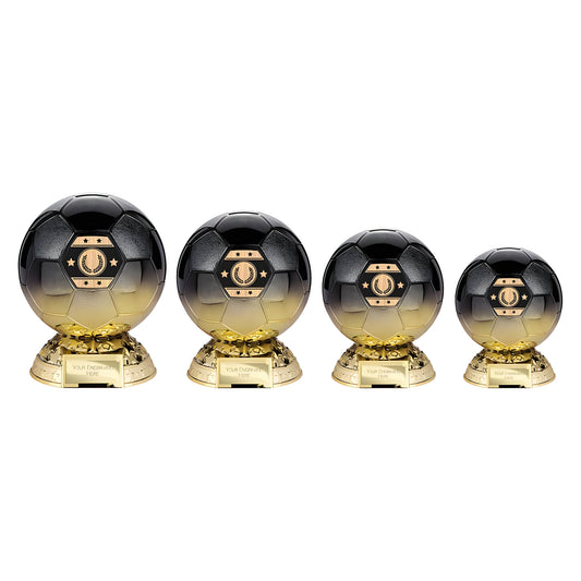 Set of carbon black to gold soccer ball trophies with engraved plaques.