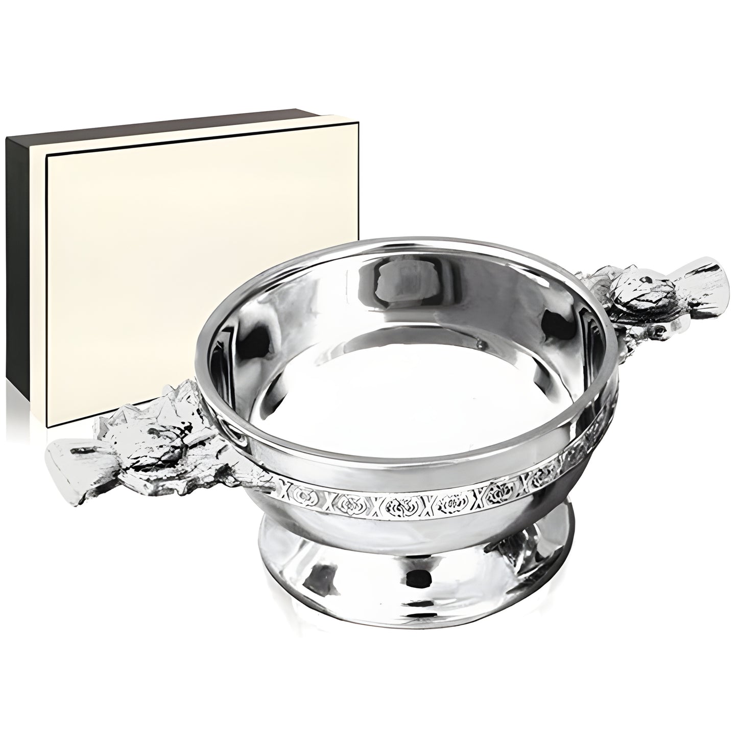 Scottish thistle quaich cup with intricate handles and gift box.
