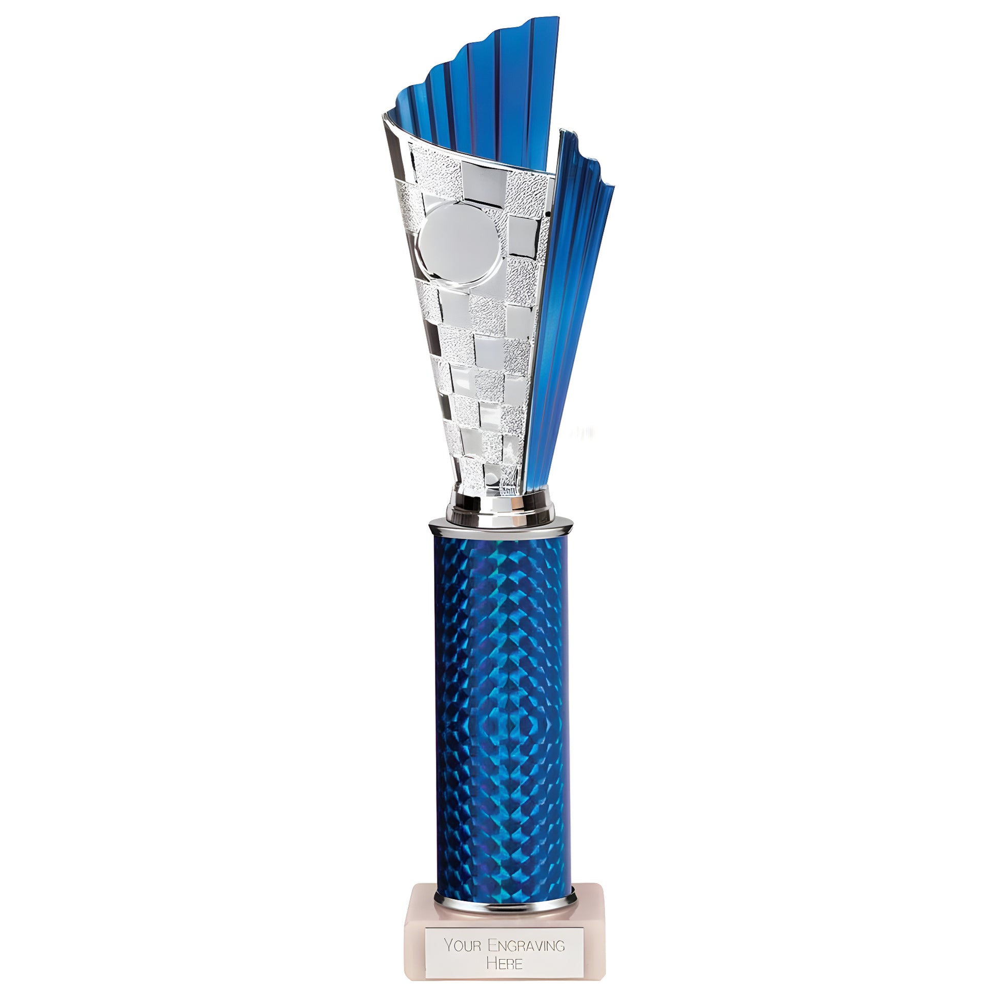 Blue and silver trophy with checkered design and engraving plate, 245mm in height.