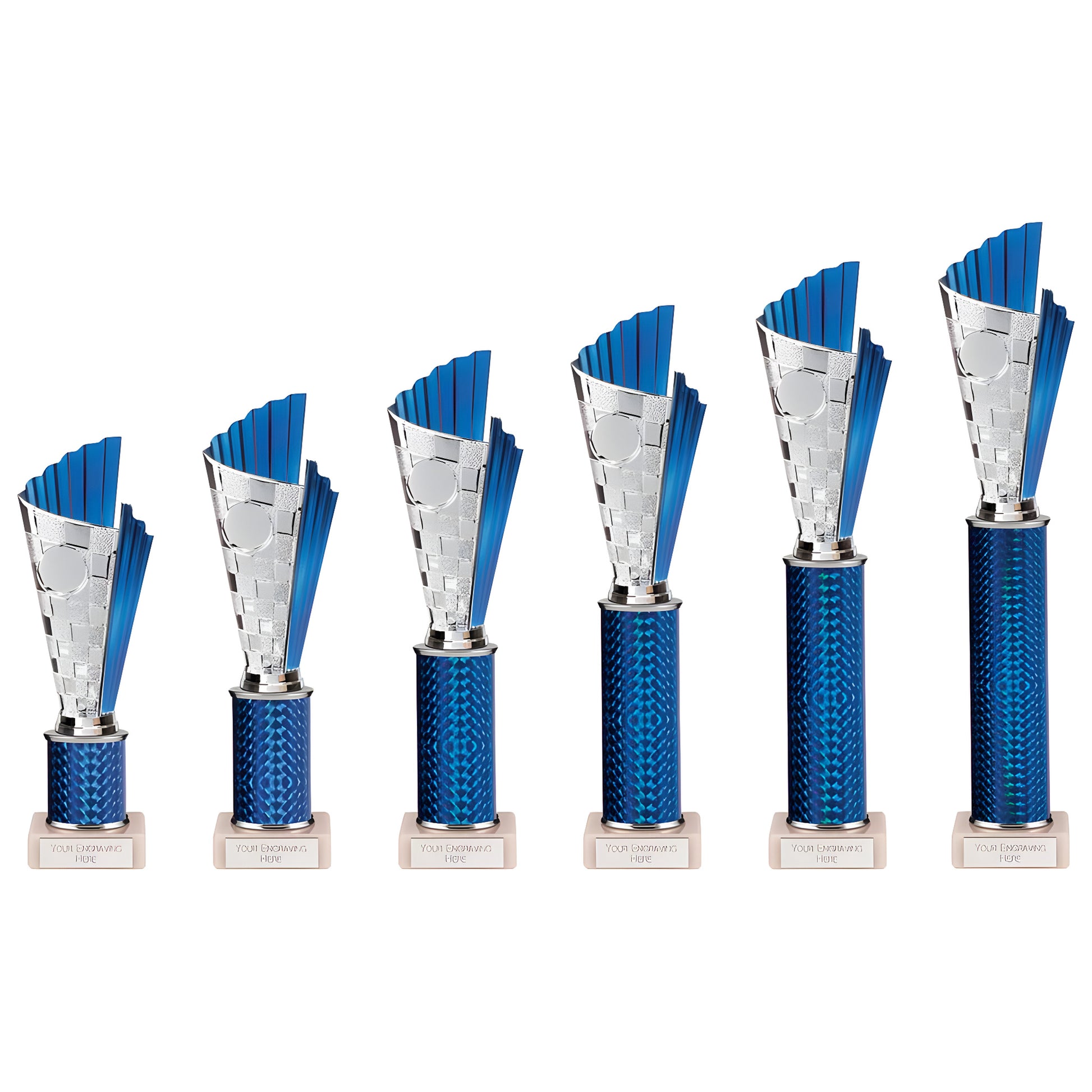 Set of six blue plastic award trophies with silver tops.