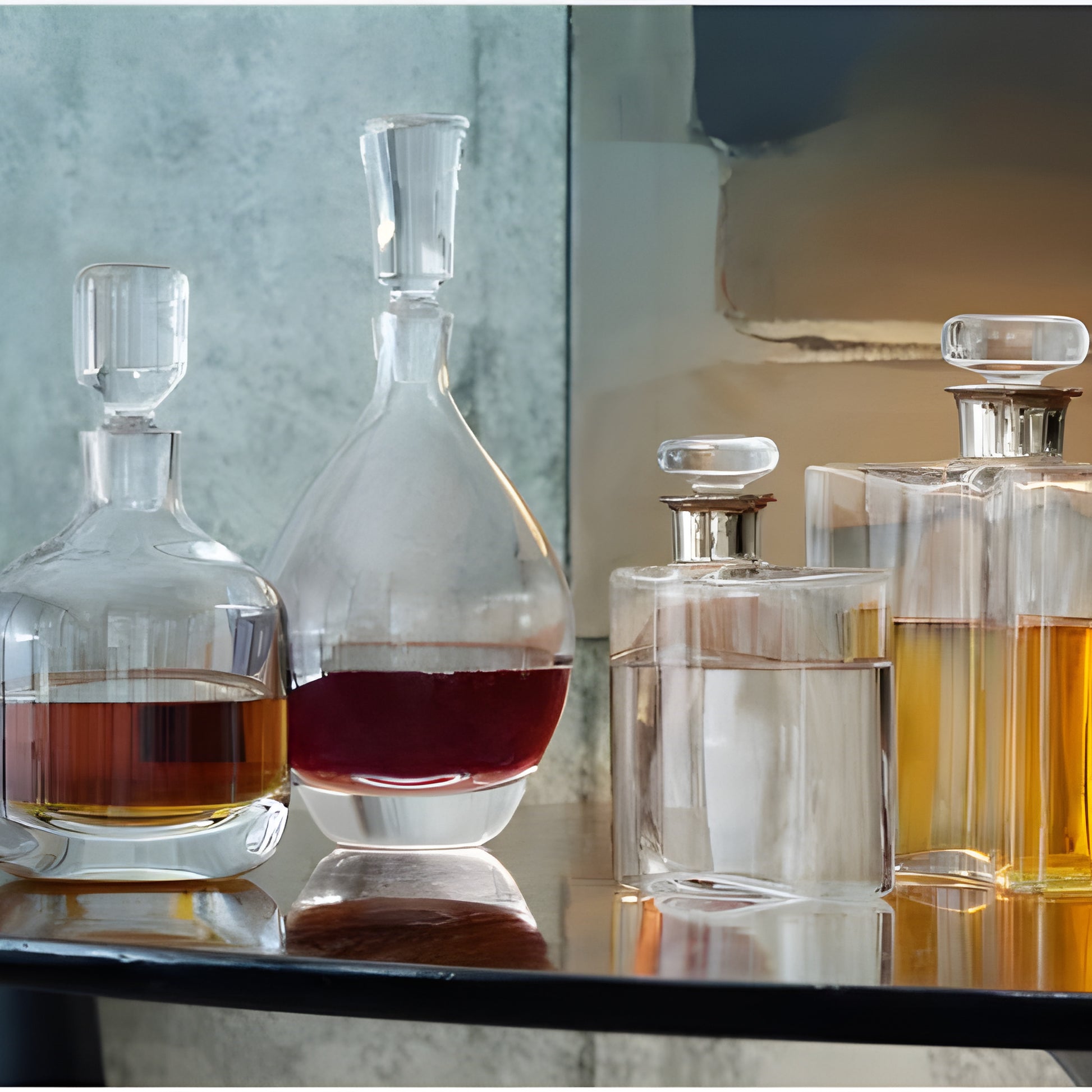 Variety of glass decanters filled with colored liquids on a table.