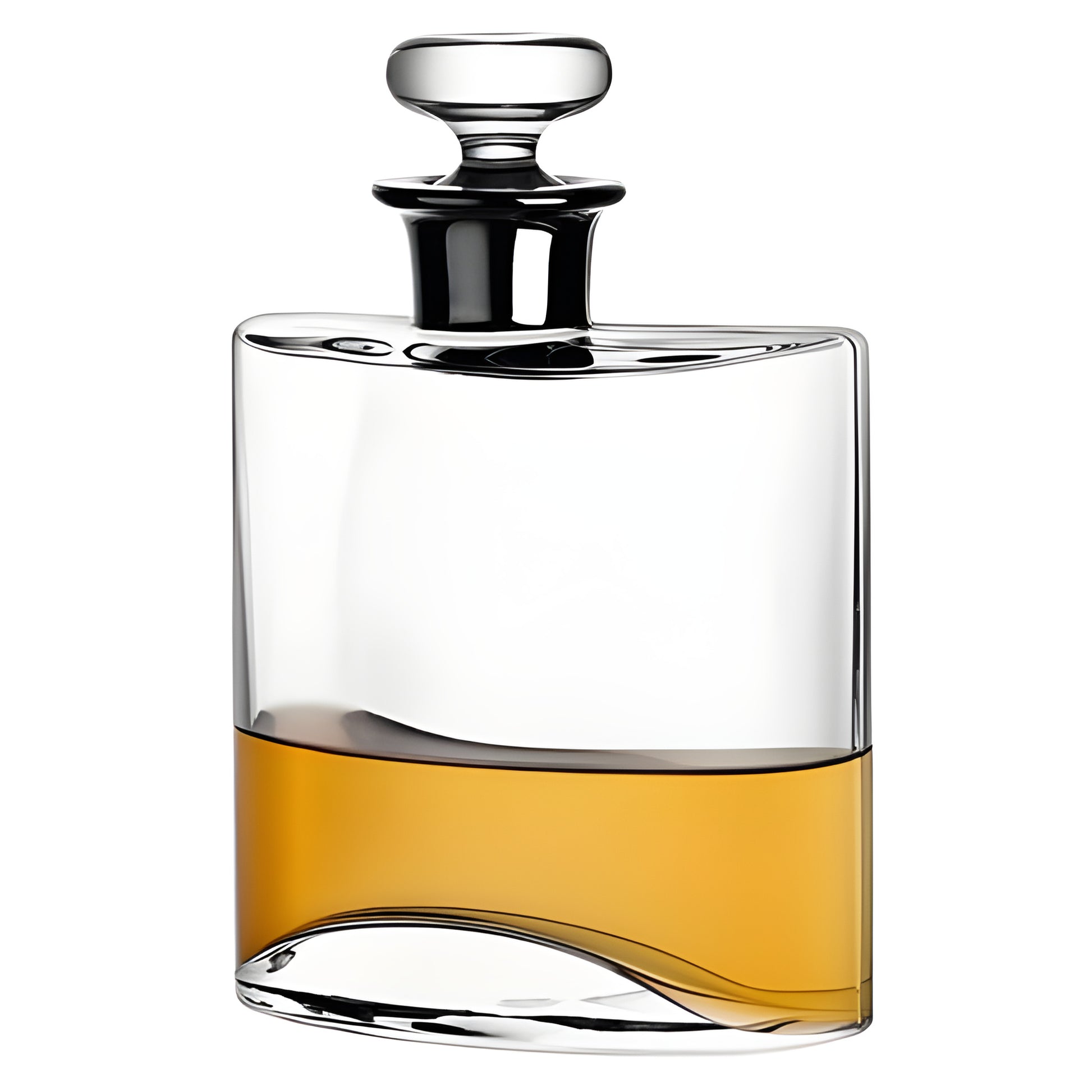 Modern glass flask decanter with whiskey inside