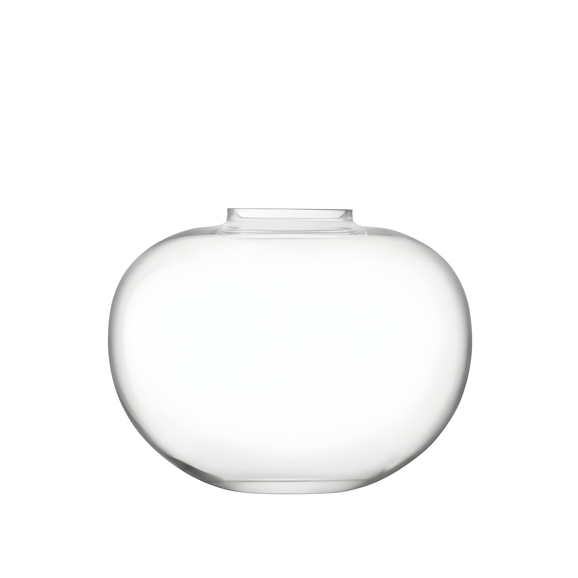 Round clear glass tabletop vase with a curved design for floral arrangements.