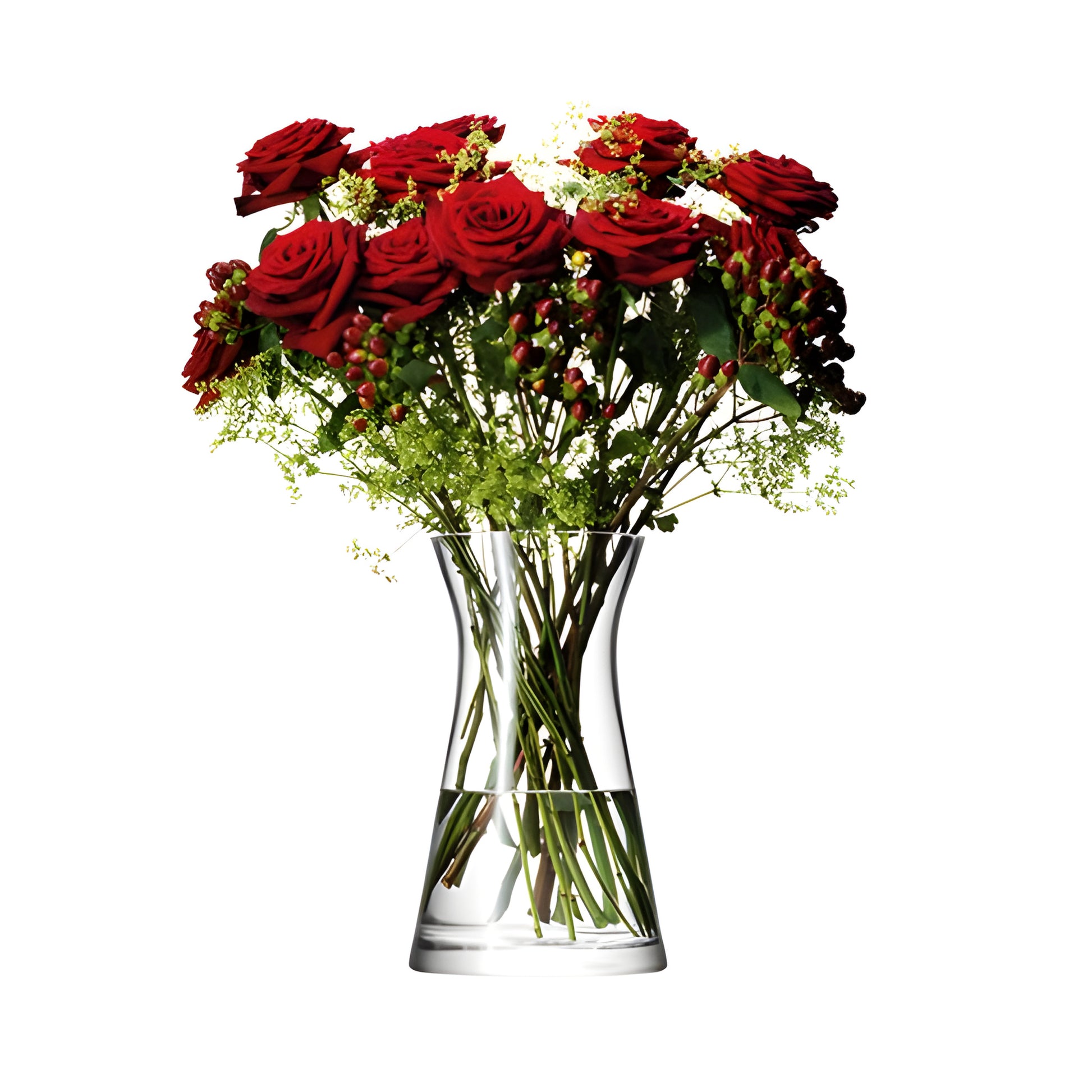 Elegant red roses and berries in a clear glass vase with greenery accents.