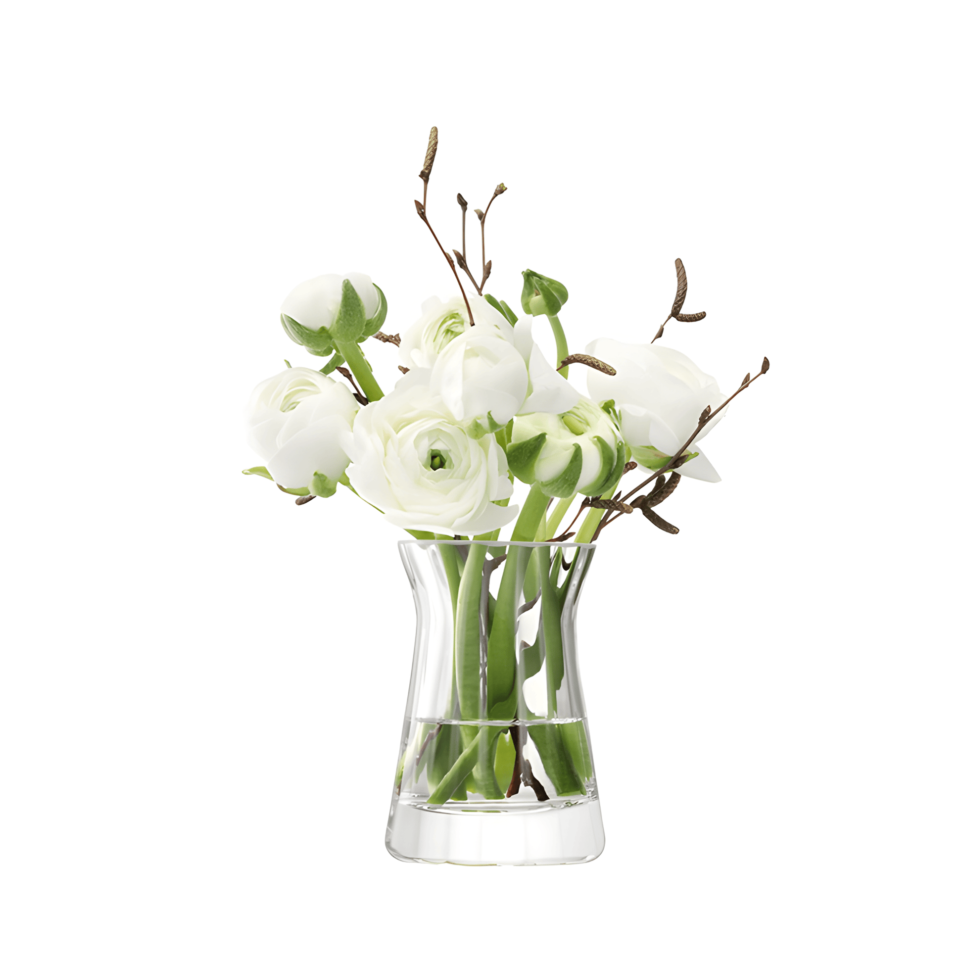 White ranunculus flowers in a clear glass vase with branches.