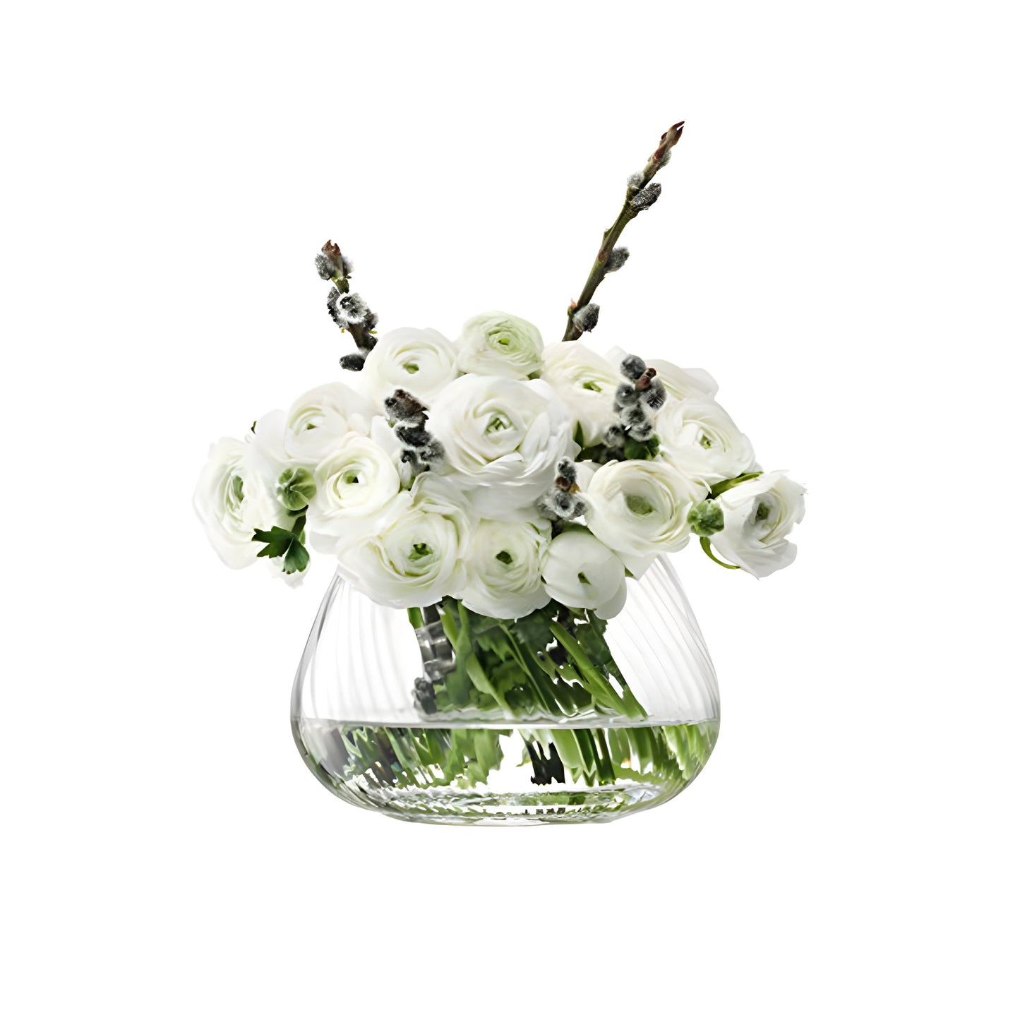 White ranunculus and pussy willow bouquet in a glass vase.